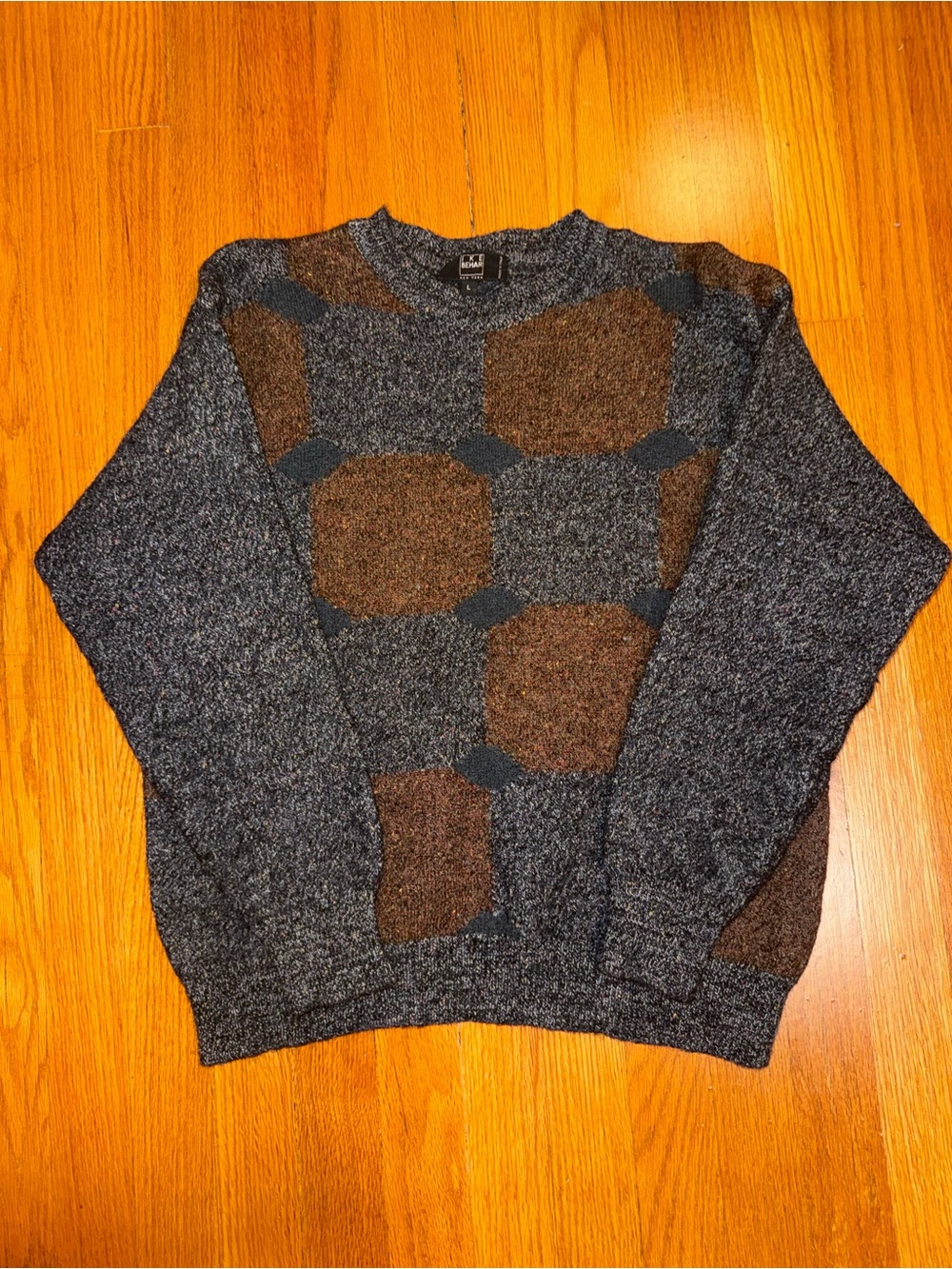 Ike Behar Navy Crewneck Sweater with Brown Patch Pattern Alpaca Wool Size S